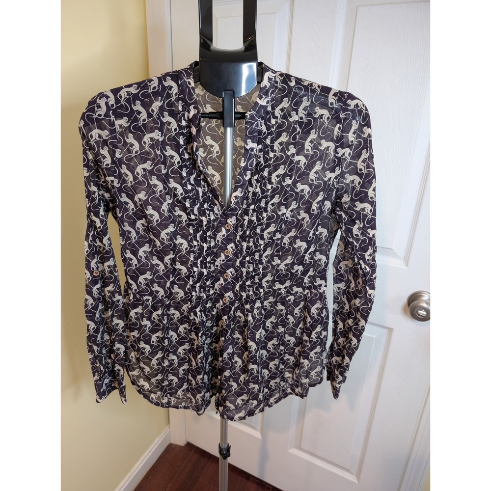 Maeve Monkey Print Blouse Cotton Pintuck Pleat - Size 6